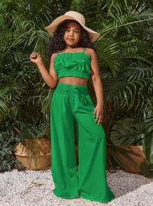 SHEIN Bộ quần ống rộng và áo dệt kim màu trơn thông thường của Tween Girls' Vacation, trang phục phù hợp cho mẹ và tôi (5 món bán riêng), Xuân/Hè - màu xanh lá - Xem 1