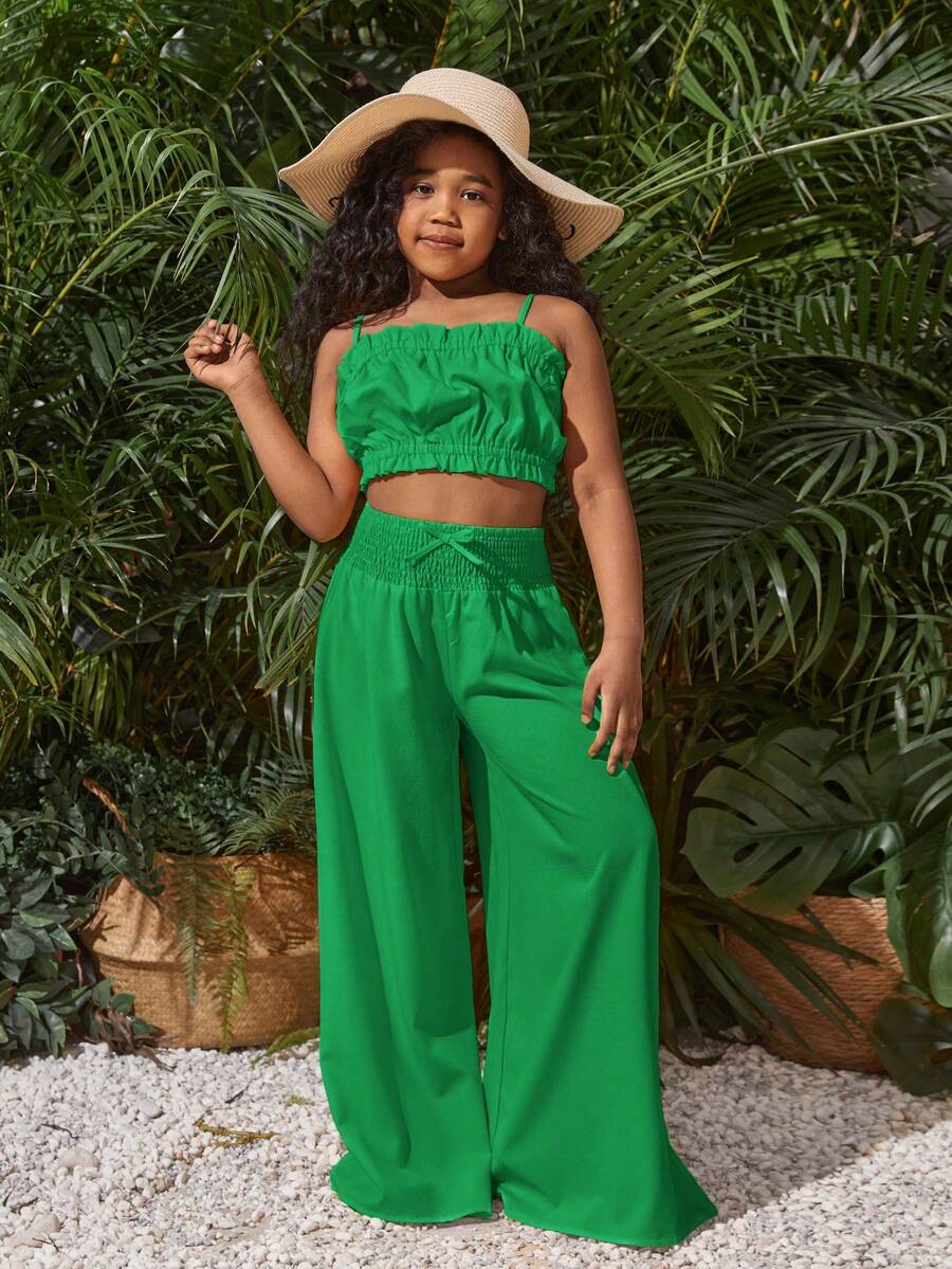 SHEIN Bộ quần ống rộng và áo dệt kim màu trơn thông thường của Tween Girls' Vacation, trang phục phù hợp cho mẹ và tôi (5 món bán riêng), Xuân/Hè - màu xanh lá - Xem 1