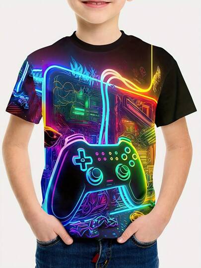 SHEIN Young Boy Customized Cool Game Console Printed Short Sleeve T-Shirt