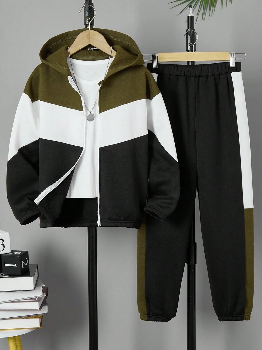 SHEIN 2pcs Boys' Long Sleeve Hooded Sweatshirt And Pants Set - Multicolor - View 1