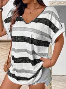 Plus Size V-Neck Short Sleeve Printed Casual Women T-Shirt, Women Summer Top