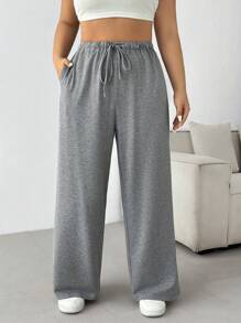 SHEIN EZwear 大码女式纯色简约抽绳休闲灰色阔腿运动裤，初秋 - 灰色 - 查看 1