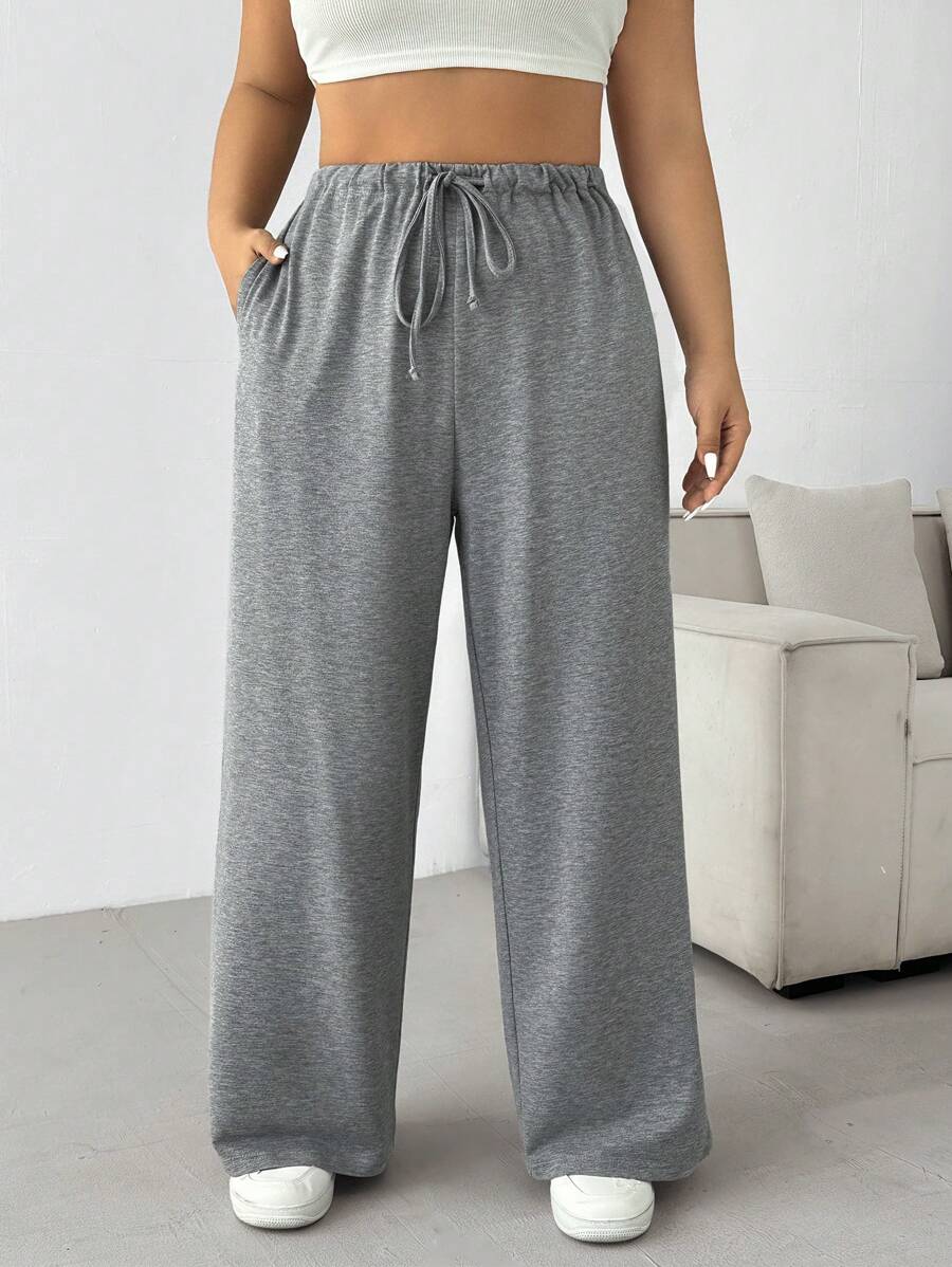 SHEIN EZwear 大码女式纯色简约抽绳休闲灰色阔腿运动裤，初秋 - 灰色 - 查看 1