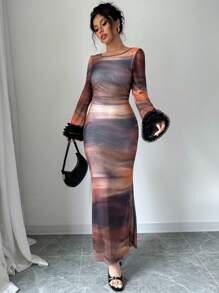 Elenzga Vestido con mangas acampanadas y bloques de color de malla teñida anudada, primavera/otoño