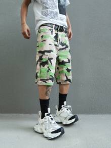 Manfinity EMRG Men's Casual Camo Pattern Waist Belt Pocket Denim Shorts For Everyday Wear - Multicolor - View 4