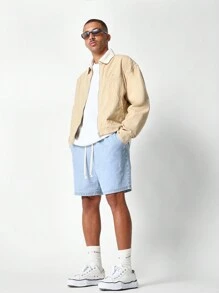 SUMWON Jachetă de lucru vintage din denim, efect de stropi de vopsea, guler contrastant, streetwear, casual, primăvară-toamnă, îmbrăcăminte de exterior, modă de zi cu zi, croială clasică - Kaki - Vizualizare 5