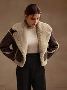 SHEIN X Lucía Bellido Anewsta Fashionable Color-Block Turn-Down Collar Short Jacket With Double Pockets For Women