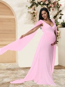 孕妇雪纺飘逸长袖连衣裙，裙摆曳地，适合婴儿派对和孕妇写真拍摄，春季粉色 - 粉色 - 查看 6