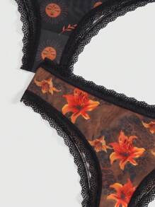 ROMWE Fairycore 3pcs Women's Fairy Mushroom Butterfly Sunflower & Floral Allover Print Lace Trimmed Thong Underwear Set