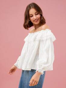 Enchnt Autumn Romantic Vacation French Sweet Lace High-End Exquisite Off-Shoulder Lantern Sleeve Shirt - White - View 5