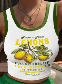 INAWLY 女士水果与字母印花撞色边饰圆领背心