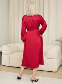 SHEIN LUNE 女士春秋休闲纯色灯笼袖衬衫优雅缎面连衣裙，秋季女装，红色女装 - 紅色 - 查看 2