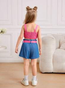 SHEIN Young Girl Woven Solid Ruffle Cami Top With Ruffle Hem And Woven Solid Color Shorts Set, Summer Clothes - Hot Pink - View 2
