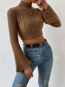 EURMUSE Stand Collar Cropped Flared Sleeve Sweater - Brown - View 5