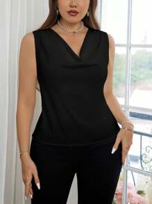 SHEIN Privé 大码优雅垂坠领无袖修身衬衫，适合春夏季度假、聚会和约会