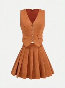 SHEIN Girlism Conjunto de dos piezas retro para adolescentes con chaleco y falda plisada en color marrón