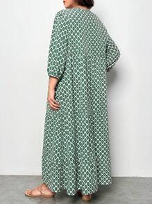 SHEIN LUNE 大碼滿版印花繫帶領燈籠袖洋裝 - 綠色 - 查看 2