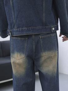 Manfinity EMRG Plus Size Men's Casual Ombre Washed Denim Jacket And Pants Set, Spring Autumn - Dark Wash - View 8