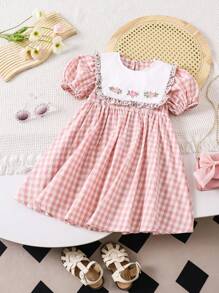 SHEIN Đầm thường ngày tay bồng thêu cổ Peter Pan nhiều màu cho bé gái - Hồng - Xem 1