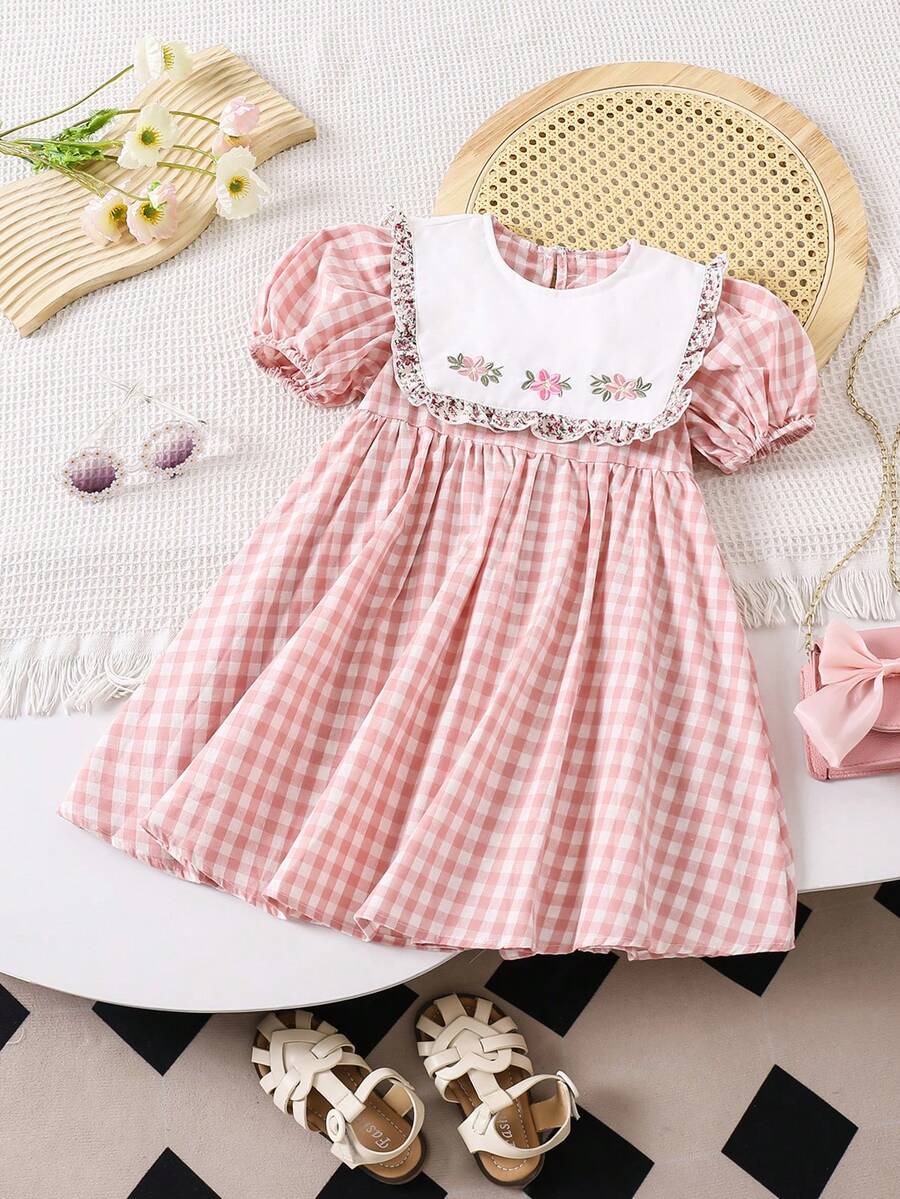 SHEIN Đầm thường ngày tay bồng thêu cổ Peter Pan nhiều màu cho bé gái - Hồng - Xem 1