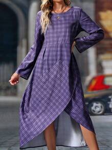 SHEIN Clasi 格子不对称下摆圆领长袖连衣裙 - 藏蓝色 - 查看 6