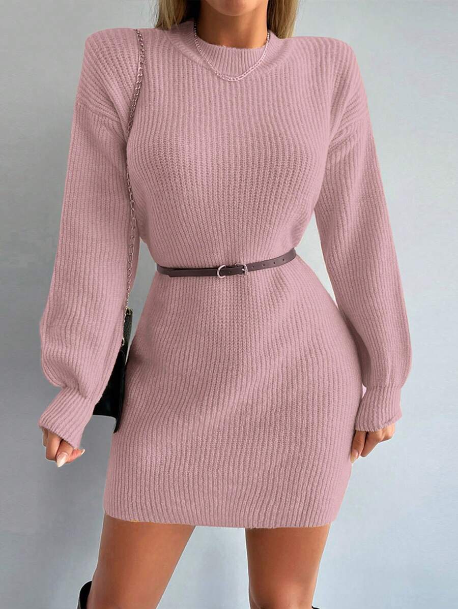 EURMUSE Drop Shoulder Sweater Dress Without Belt - Pink - View 1