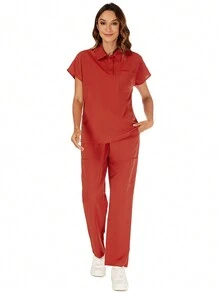 Áo và quần ngắn tay có nút phía trước màu trơn, Đồng phục tẩy tế bào chết mùa hè dành cho chuyên gia chăm sóc sức khỏe - Màu Cam san hô - Xem 3