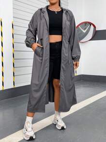 Flirla Plus Size Drawstring Hooded Sun Protection Casual Long Outerwear Fall Winter Cloth For Women Autumn