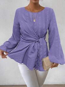 SHEIN LUNE Blusa informal de manga farol asimétrica con nudo de mujer para primavera/otoño, con textura a cuadros