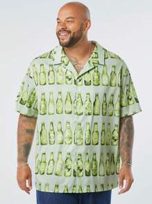 Manfinity VCAY Manfinity CozeMod 男式加大码休闲编织软饮料瓶插图印花纽扣宽肩带露营领短袖衬衫，适合夏季，复古衬衫