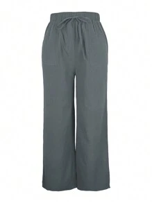 Women's Solid Color Casual Drawstring Pocket Elastic Waist Pants - Dark Grey - View 4