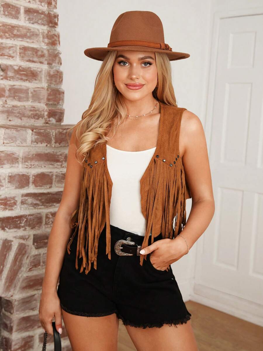 Wildy Chaleco de estilo nativo americano para mujer, chaqueta sin mangas  con flecos vintage para montar a caballo y a juego - Marrón Mocha - Ver 1