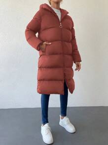 SHEIN Cottnline Zip Up Hooded Puffer Coat - Burgundy - View 3
