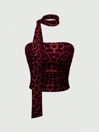 Grunge Punk Y2K Leopard Allover Print Tight Ruched Strapless Top For Women