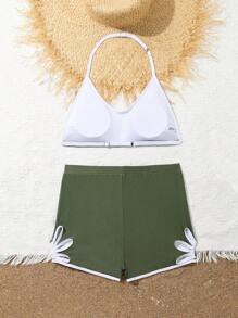 SHEIN Teen Girl Contrast Binding Halter Top And Hollow Out Shorts Beach Vacation Bikini Set Summer Beach - Multicolor - View 4