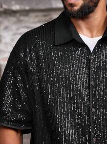 Manfinity Roughcore Plus Size Sequin Splice Casual Short Sleeve Vintage Shirts For Men - Black - View 3