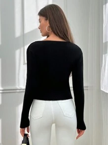 RueChic Slim Fit Sweater With Colorful Stone Accessories Young Casual Simple Party - Black - View 2