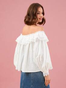 Enchnt Autumn Romantic Vacation French Sweet Lace High-End Exquisite Off-Shoulder Lantern Sleeve Shirt - White - View 2