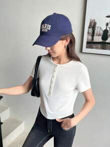 SHEIN 少女针织纯色 V 领短袖休闲 T 恤 - 白色 - 查看 4
