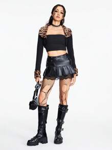 ROMWE Grunge Punk Y2K Gyaru Shibuya 风格豹纹印花短款女式毛领大衣 - 黑色 - 查看 4