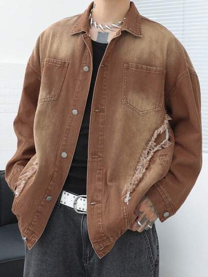 Manfinity Roghcode Áo khoác denim có kích thước lớn thường ngày xuân thu giặt ombre sờn