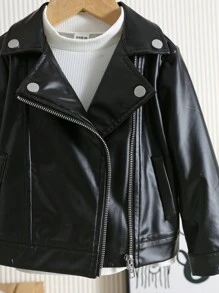 SHEIN 男婴/女婴休闲运动街头风PU领机车风拉链夹克，纯黑色，适合秋冬季穿着 - 彩色 - 查看 9