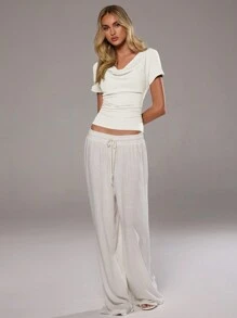 Aloruh 女士夏季纯色休闲垂领短袖 T 恤 - 杏色 - 查看 3