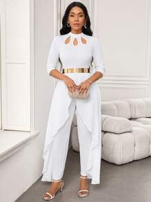 SHEIN Lady Women's Fashionable Elegant White Petal Collar Hollow Out Design Short Sleeved Jumpsuit With Asymmetrical Leaf Hem - White - View 4