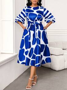 SHEIN Lady Vestido de línea H con estampado geométrico azul y blanco, cinturón con lazo en la cintura y mangas de longitud media para mujer - Azul - Ver 7