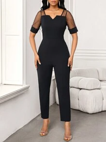 SHEIN Lady Women's Fashionable Elegant Party Black Glitter Mesh Jumpsuit, With Textured Short Sleeves And Mesh, 2-In-1 Style Women Vintage Clothes Teacher Clothes - Black - View 7