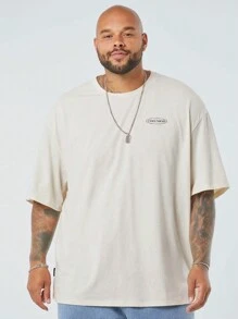 Manfinity NXTstreet Men's Plus Size Casual Knitted Landscape Illustration Printed Loose Fit Drop Shoulder Round Neck Short Sleeve T-Shirt, Suitable For Summer