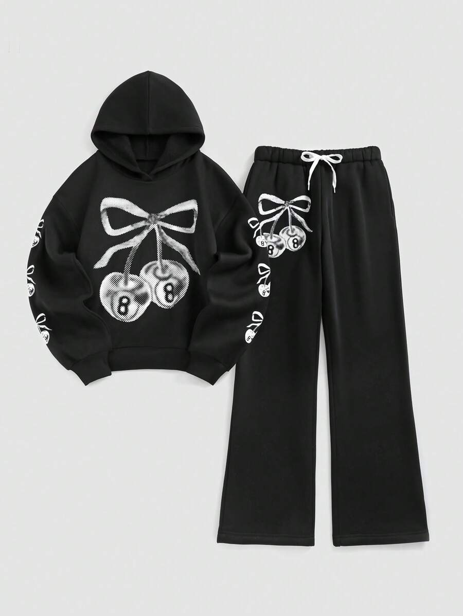 StreetHx 女士樱桃印花连帽衫和裤子休闲两件套春秋季 - 黑色 - 查看 1