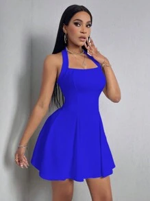 VaVaBold Women's Solid Color Short Halter Neck Summer Dress - Blue - View 4