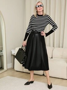 SHEIN LUNE 女式系带装饰 PU 皮革黑色长款优雅裙子，秋装 - 黑色 - 查看 6